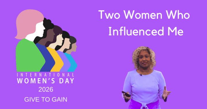 Lilac background with stylised image of 5 diverse women reading International Women's Day 2026 Give to Gain; On the right is the title Two Woman Who Influenced Me and a photo of south Asian woman with bleached curly blonde hair and arms outstretched.